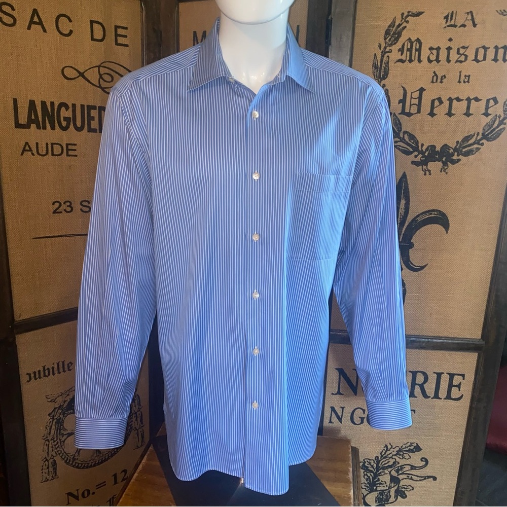 Ermenegildo Zegna Blue and White Striped Dress Shirt, XL